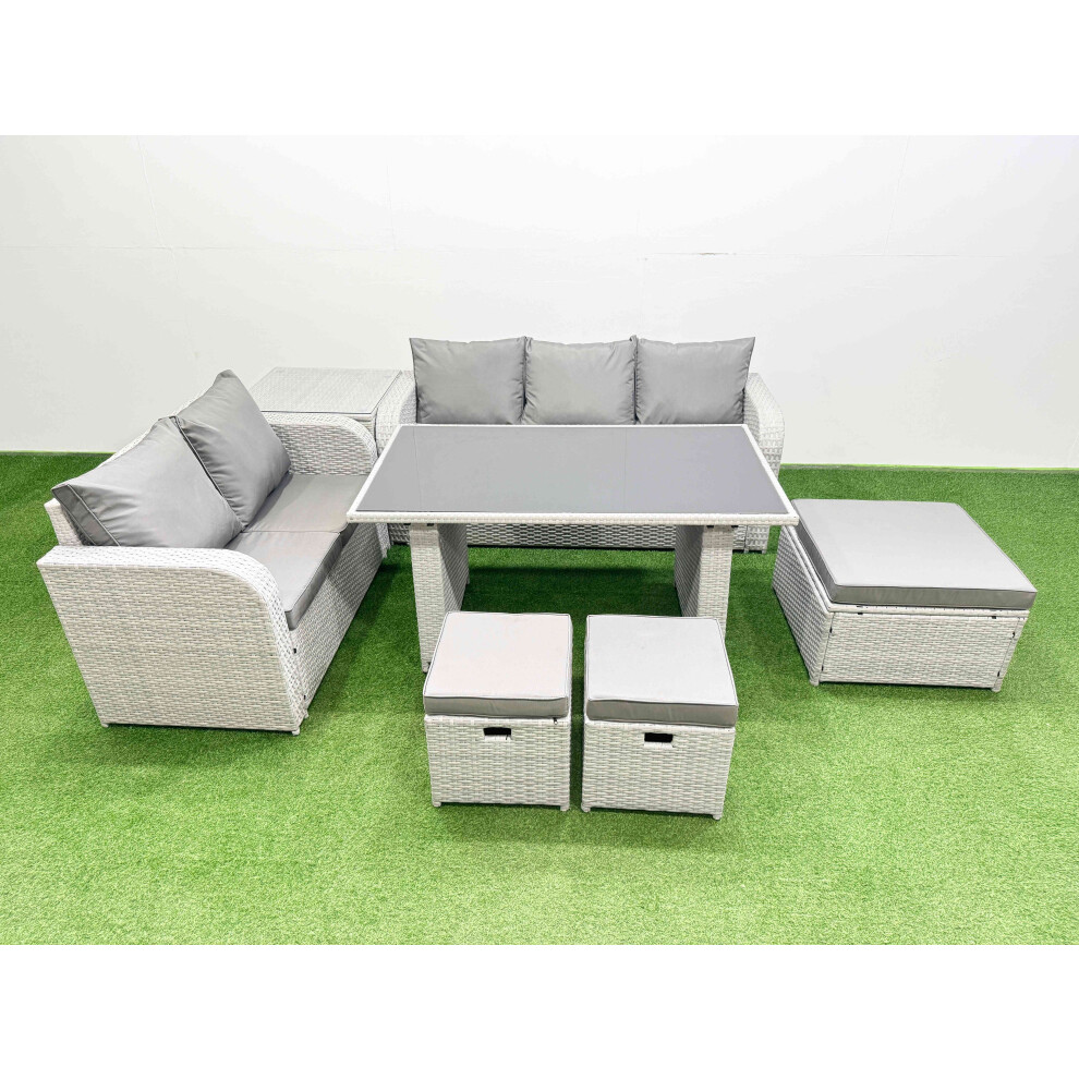 Fimous Garden Furniture Set PE Ratten Garden Sofa Set with Rectangular Dining Table 3 Stool Side Table Light Grey