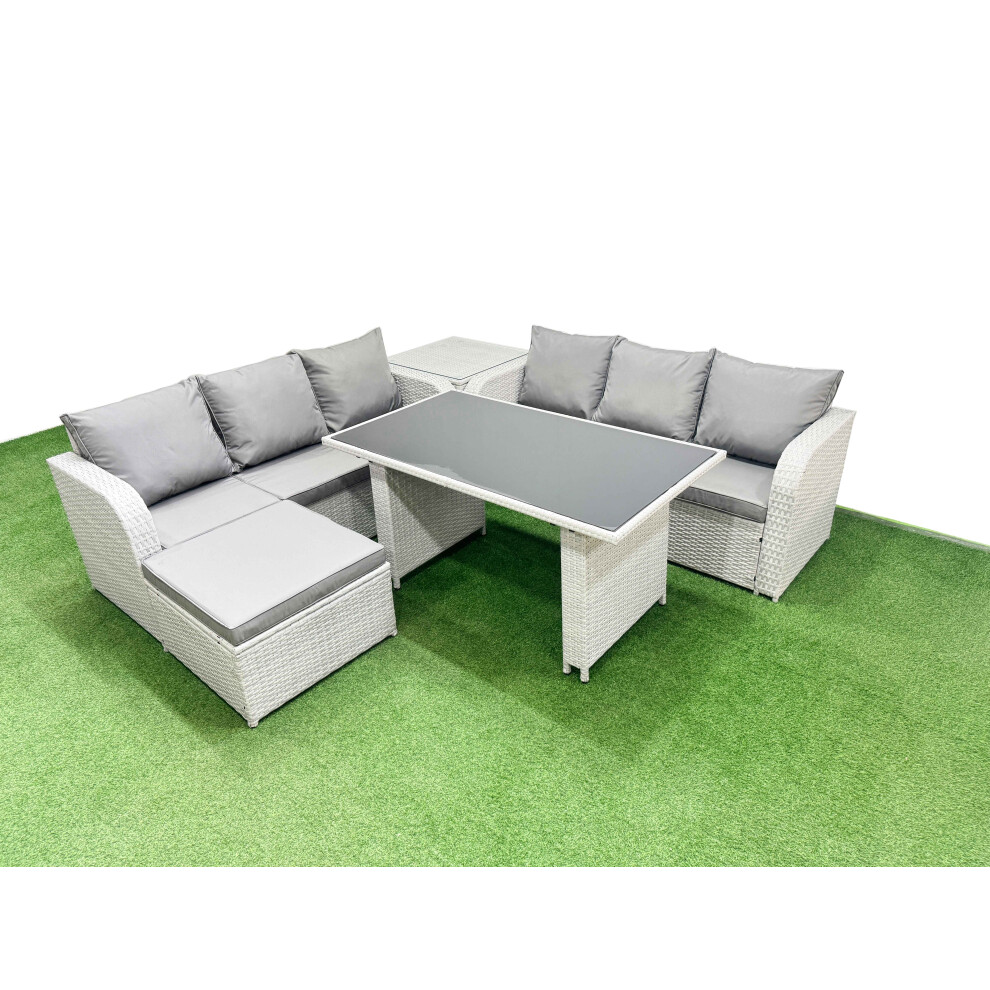 Rackhams Light/Grey 7 Seater Rattan Outdoor Dining Table 3 Seater Sofa Set With Side Table Big Stool - Image 2