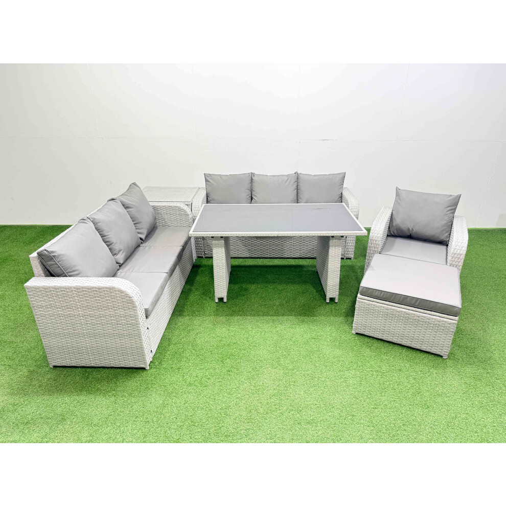 Fimous Rattan Garden Furniture Dining Set 8-seater Patio Rectangular Table Sofa Set with Side Table Big Stool Light Grey