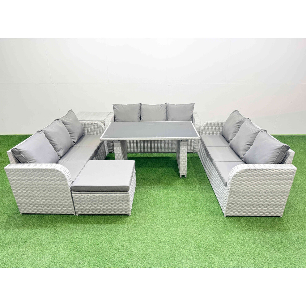 Fimous Patio Garden Furniture Sets with Black Glass Top Dining Table 3 Seater Sofa Side Table Big Stool Light Grey