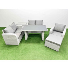 Fimous Rattan Sofa Outdoor Furniture with Dining Table,Side Table,Love Sofa,Big Stool Patio Furniture Light Grey 6 Seater