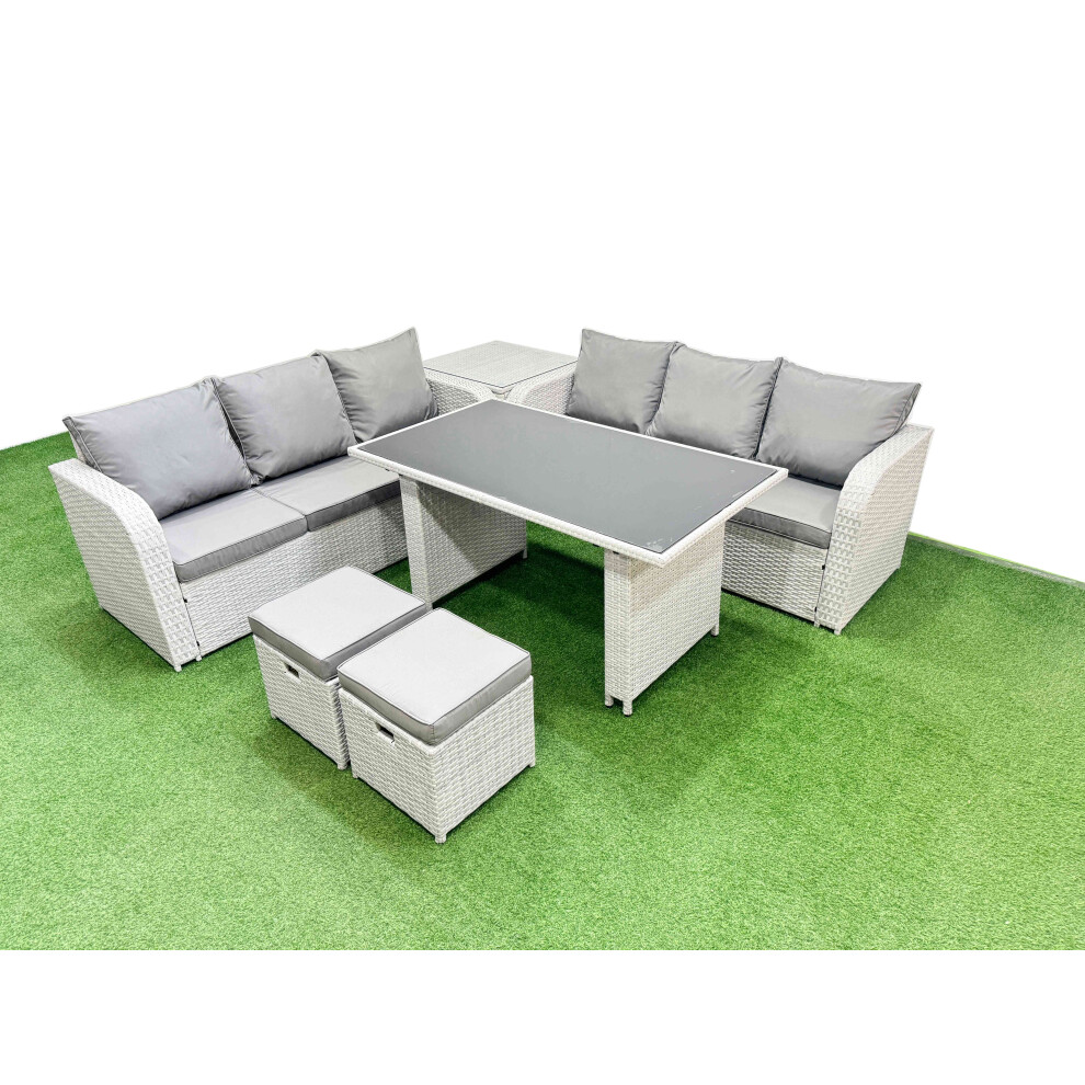 Fimous 8 Seater Rattan Outdoor Dining Table 3 Seater Sofa Set with Side Table 2 Small Stools Light Grey