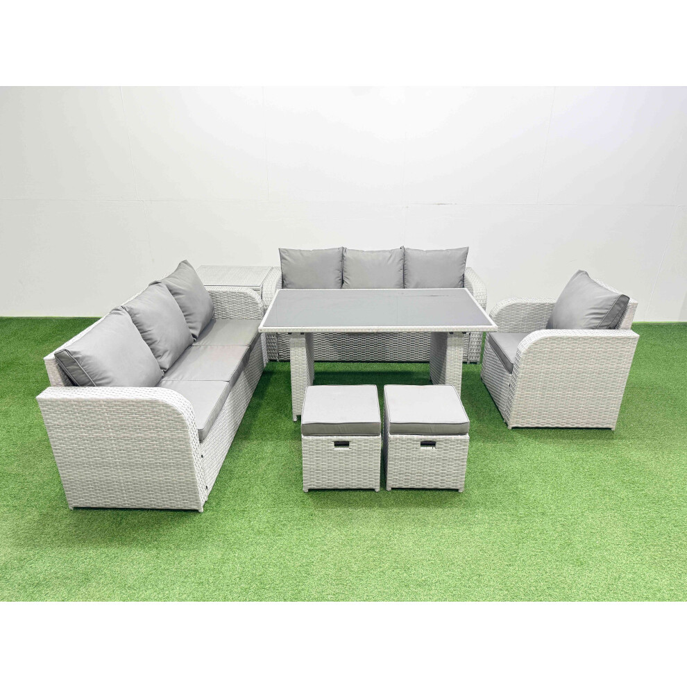 B&Q - Rattan Garden Furniture Dining Set 9-Seater Patio Rectangular Table Sofa Set With Side Table 2 Small Stools Light Grey - Image 2