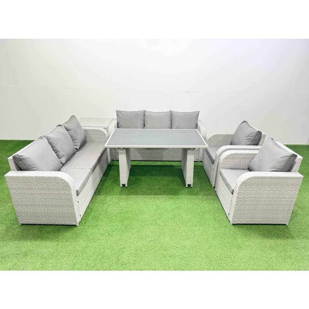 Fimous 8 Seater Wicker PE Rattan Furniture Outdoor Dining Table 3 Seater Sofa Reclining Chair Set with Side Table Light Grey