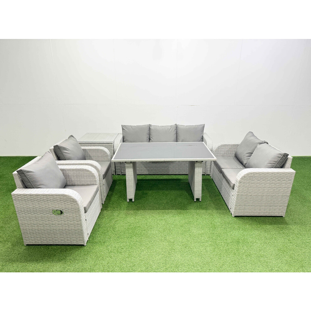 Fimous 7 Seater Garden Furniture Set PE Ratten Garden Sofa Set with Rectangular Dining Table Side Table Light Grey