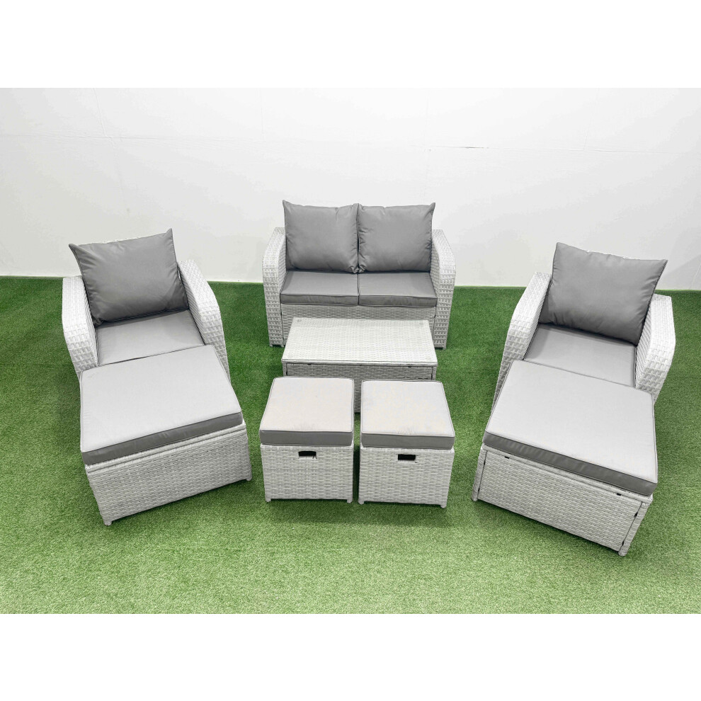 Fimous 8 PCs Rectangular Coffee Table Set Reclining Chair Inclining Sofa Seat 2 Big Footstool Light Grey