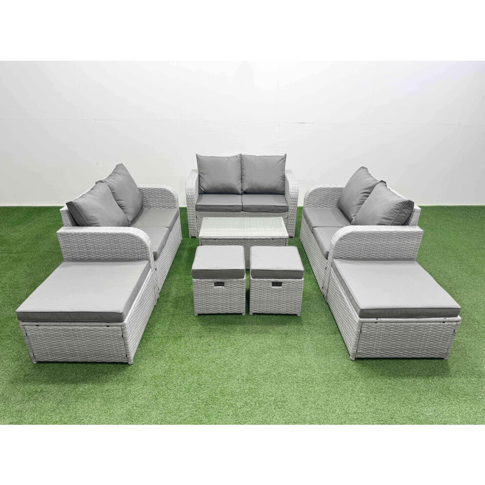 Fimous 8 Pcs Rectangular Coffee Table Set Reclining Chair Inclining Sofa Love Sofa 2 Big Footstool 2 Small Stool Light Grey Brown,Grey