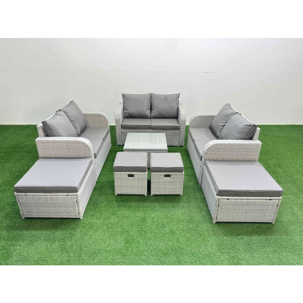 Fimous Outdoor Garden Furniture Set PE Rattan Love Sofa Set with Coffee Table 4 Footstools Light Grey