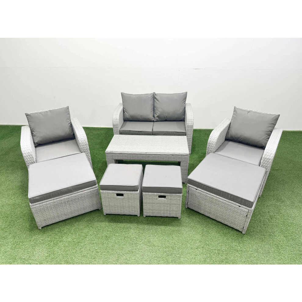 Fimous PE Wicker Rattan Furniture Sets with Oblong Coffee Table Love Sofa Reclining Chair 4 Stools Light Grey Mixed