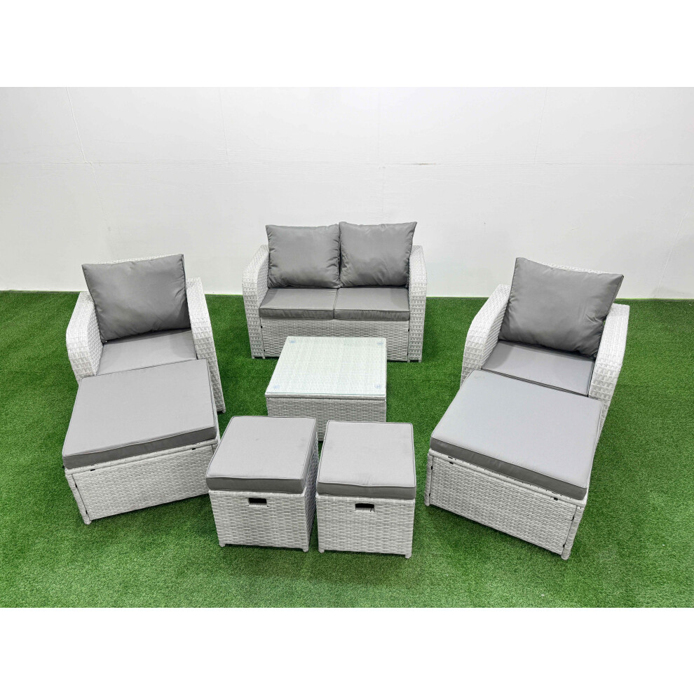 Fimous Outdoor Garden Furniture Set PE Rattan Love Sofa Reclining Chair Set with Coffee Table 4 Footstools Light Grey