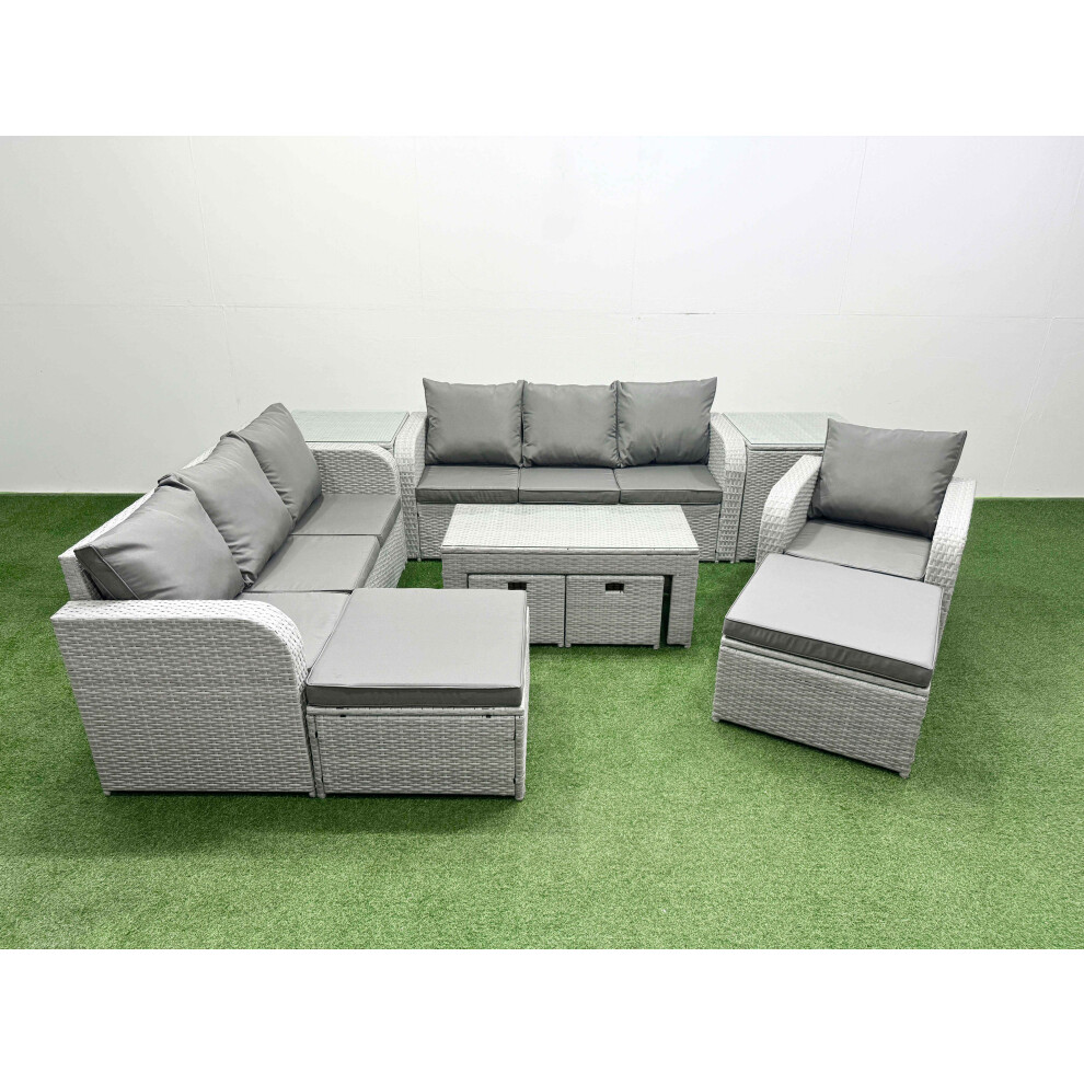 Fimous Outdoor Garden Furniture Set PE Rattan 3 Seater Sofa Reclining Chair Set with Oblong Coffee Table 4 Footstools 2 Side Tables Light Grey