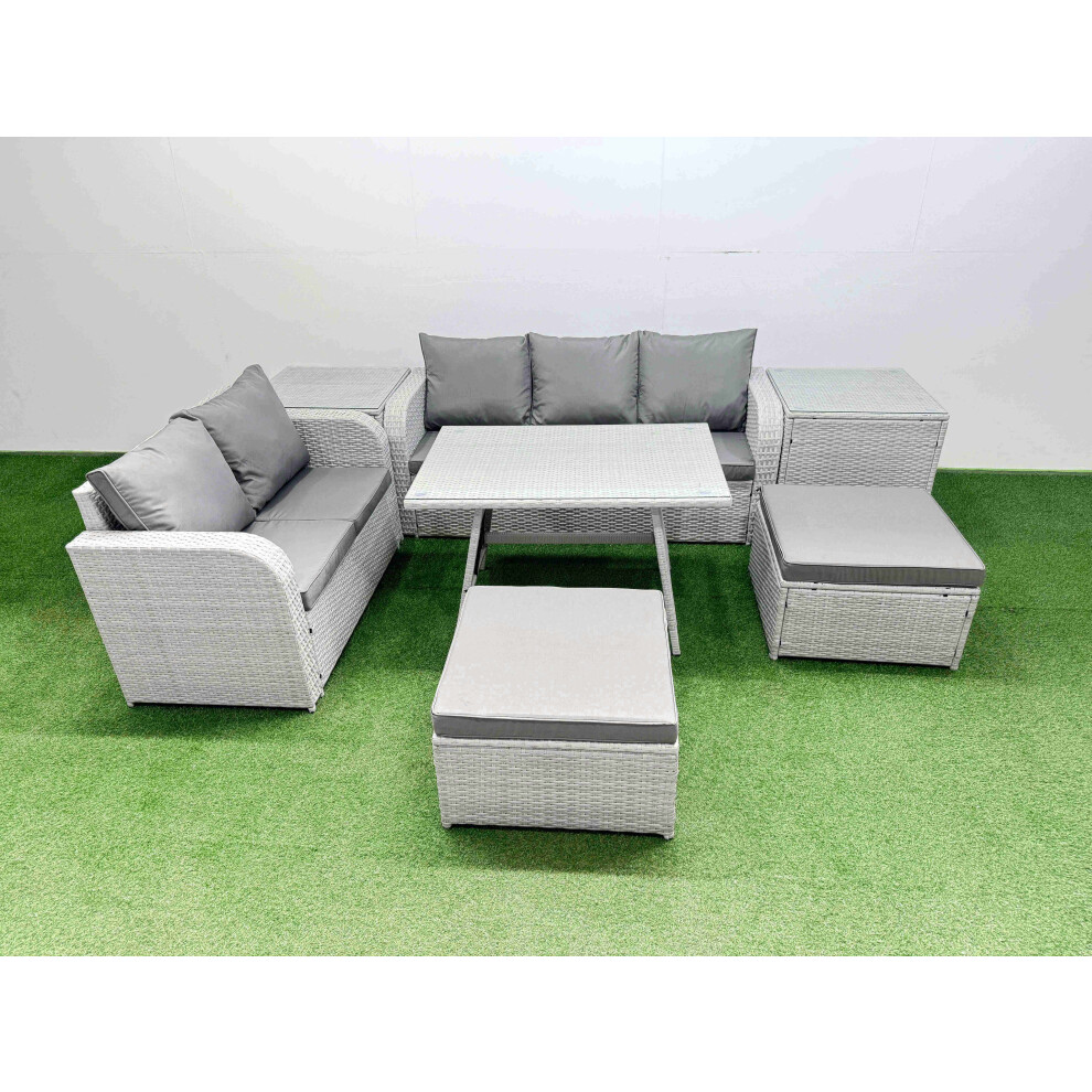 Fimous Outdoor PE Rattan Garden Furniture Set Rectangular Dining Table Sofa Set with 2 Big Stool 2 Side Tables Light Grey