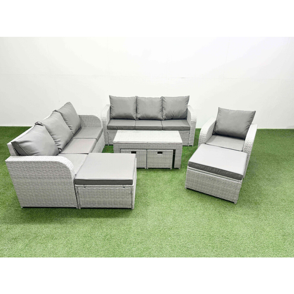 Fimous Outdoor Garden Furniture Set Pe Rattan 3 Seater Sofa Reclining Chair Set With Oblong Coffee Table 4 Footstools Light Grey