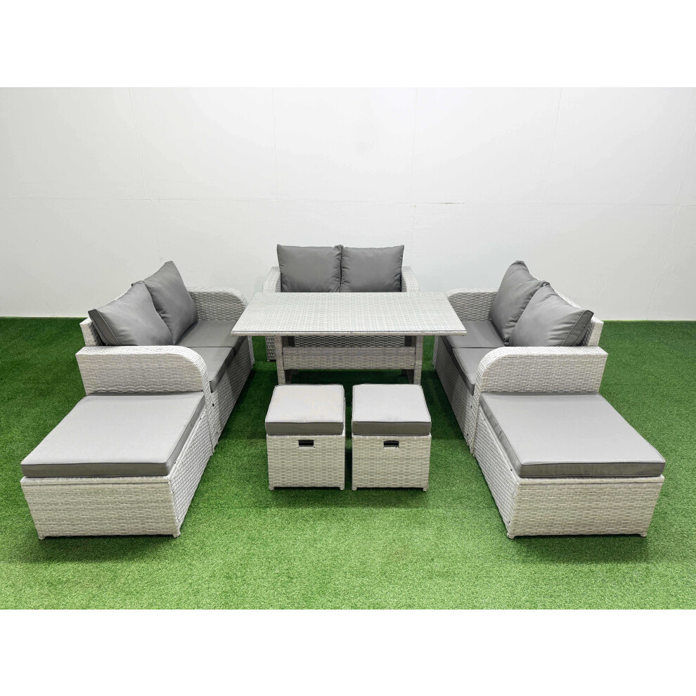 Fimous Pe Rattan Lounge Sofa Set 10 Seater Outdoor Garden Furniture Set With Dining Table Love Sofa 2 Big Footstools 2 Small Stool Light Grey