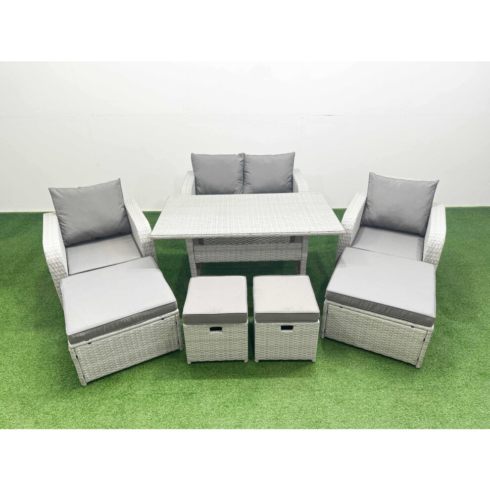 Fimous PE Rattan Lounge Sofa Set 8 Seater Outdoor Garden Furniture Set with Dining Table Love Sofa 2 Big Footstools 2 Side Tables Light Grey