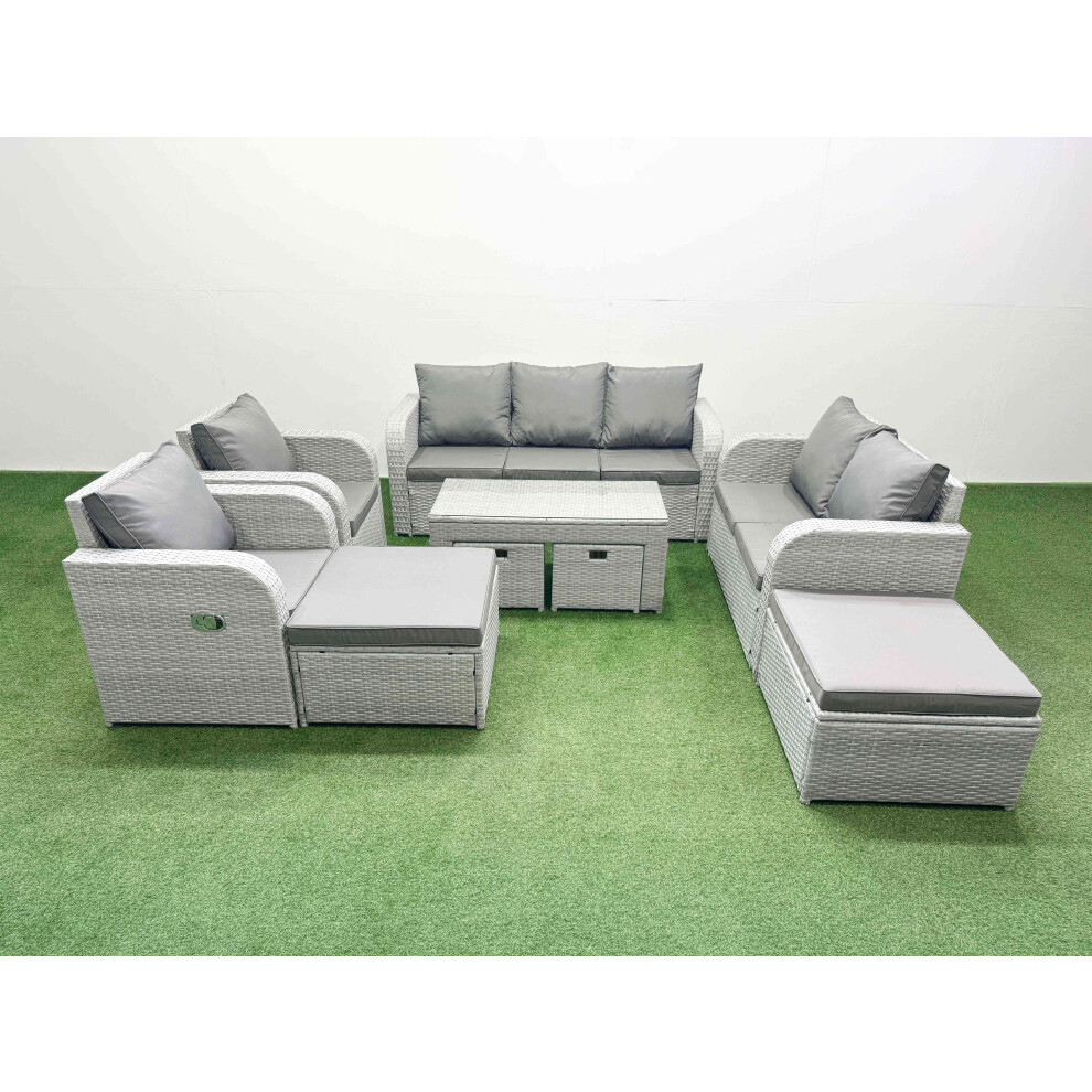 Fimous Pe Wicker Rattan Furniture Sets With Oblong Coffee Table Love Sofa 3 Seater Sofa Reclining Chair 4 Stools Light Grey Mixed