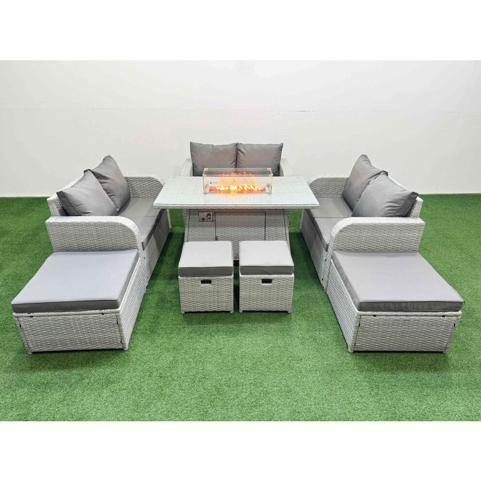 Rackhams Light/Grey Pe Rattan Lounge Sofa Set 10 Seater Outdoor Garden Furniture Set With Gas Fire Pit Table Love Sofa 2 Big Footstools - Image 2