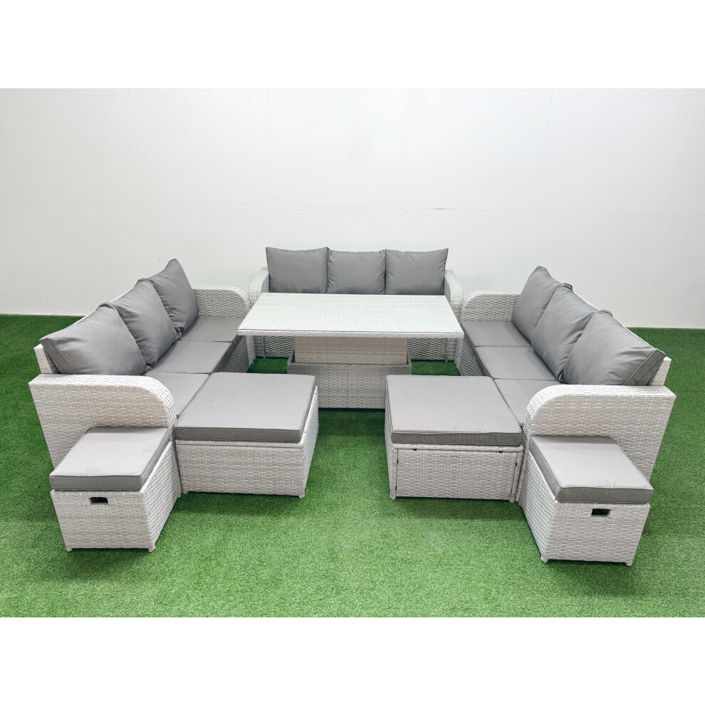 Fimous 8 Pieces Garden Rising Dining Table High Back Inclining Sofa Set 2 Big Footstool 2 Small Stool Light Grey