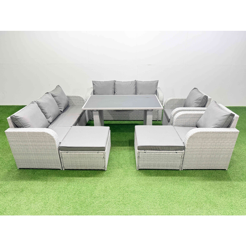 Fimous 10 Seater Wicker PE Rattan Furniture Outdoor Dining Table 3 Seater Sofa Reclining Chair Set with 2 Big Stools Light Grey