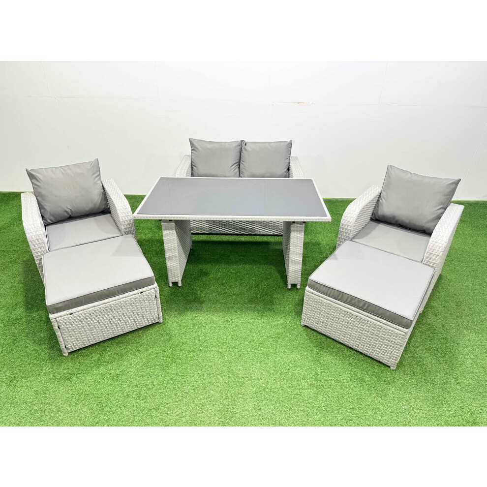 Fimous Outdoor Rattan Garden Furniture Dining Set 6-seater Patio Rectangular Table Love Sofa Reclining Chair Set with 2 Big Stools