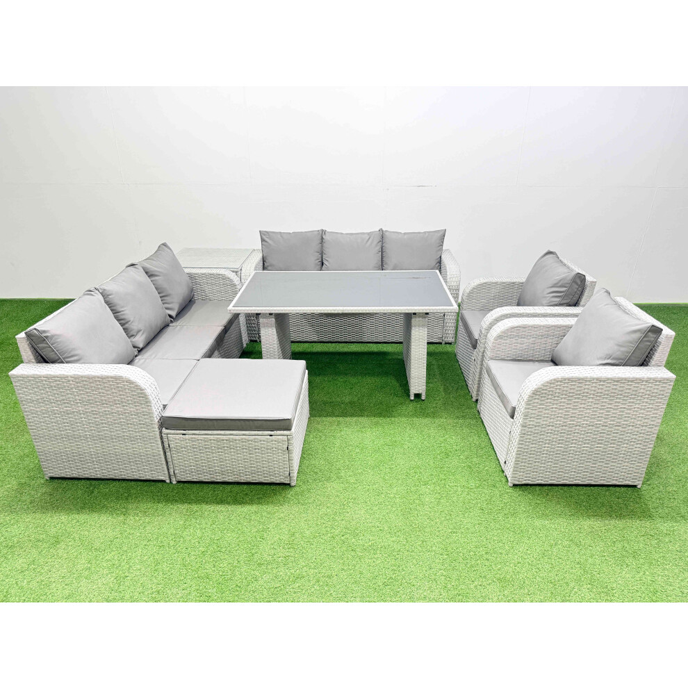 Rackhams Light/Grey 9 Seater Wicker Pe Rattan Furniture Outdoor Dining Table 3 Seater Sofa Reclining Chair Set With Side Table Big Stool - Image 2