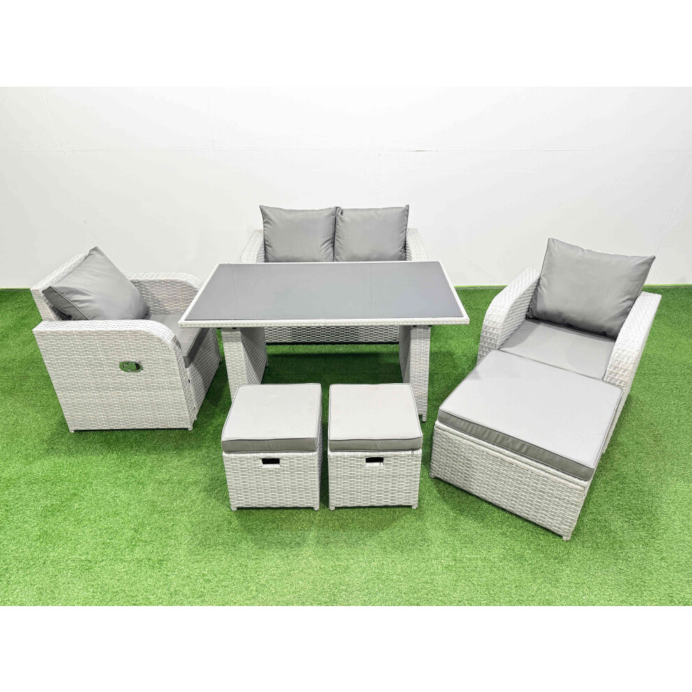 Fimous Outdoor Rattan Garden Furniture Dining Set 7-seater Patio Rectangular Table Love Sofa Reclining Chair Set with 3 Stools