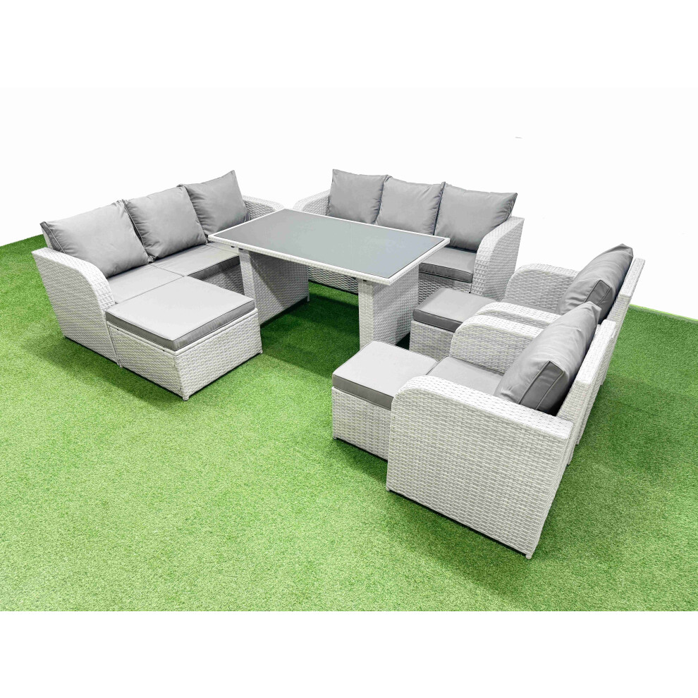 Fimous Light/Grey 11 Seater Wicker Pe Rattan Furniture Outdoor Dining Table 3 Seater Sofa Reclining Chair Set With 3 Stools - Image 2