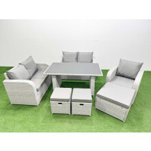 Fimous Rattan Sofa Outdoor Furniture with Dining Table,Love Sofa,3 Stools Patio Furniture Light Grey 8 Seater