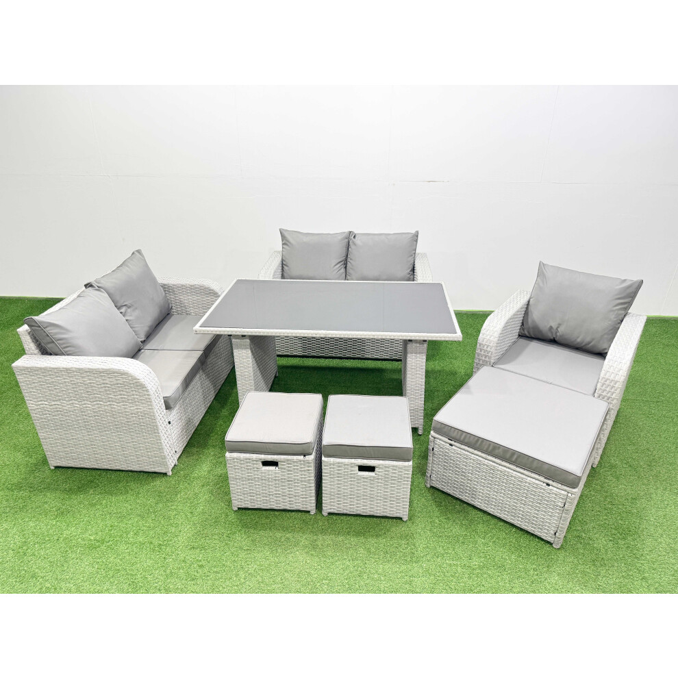 Fimous Rattan Sofa Outdoor Furniture with Dining Table,Love Sofa,3 Stools Patio Furniture Light Grey 8 Seater