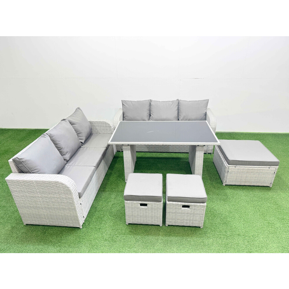 Fimous 9 Seater Rattan Outdoor Dining Table 3 Seater Sofa Set With 3 Stools Light Grey