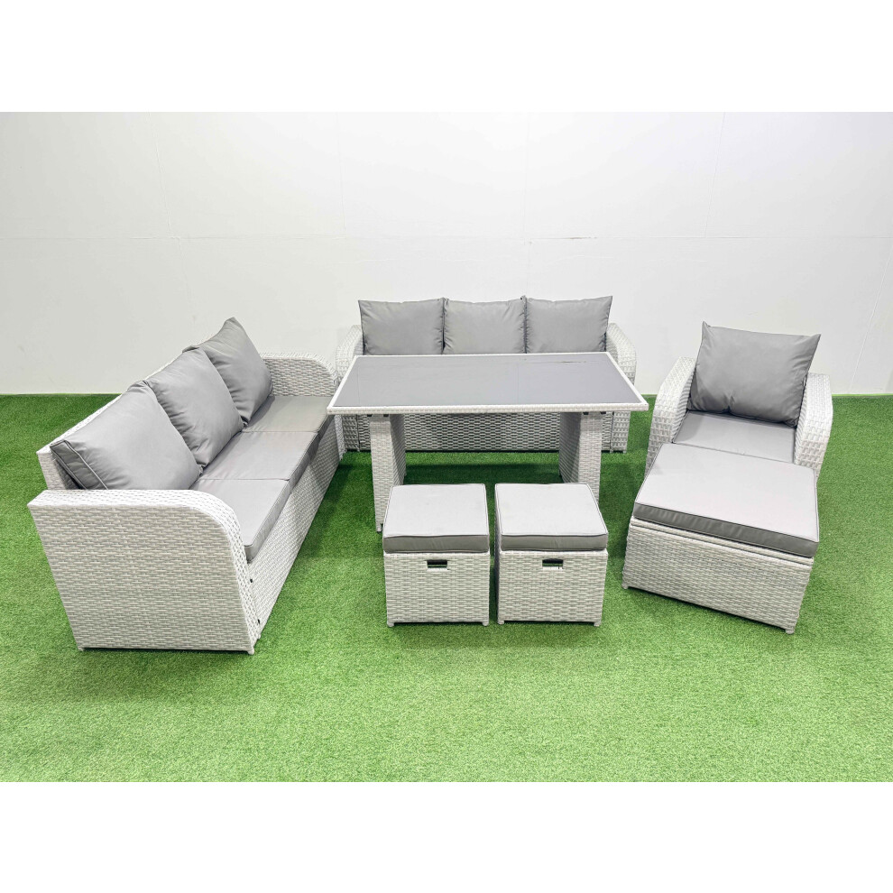 Fimous Rattan Garden Furniture Dining Set 10-seater Patio Rectangular Table Sofa Set with 3 Stools Light Grey