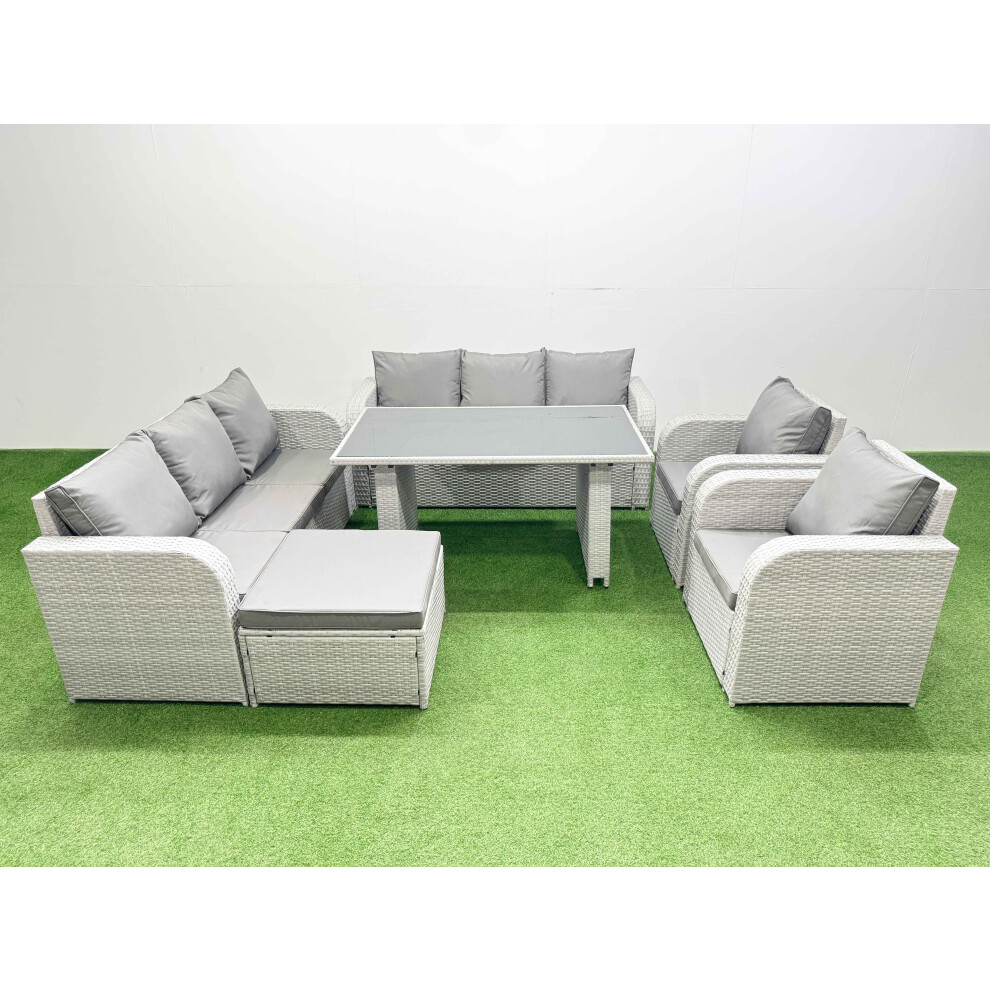 Fimous 9 Seater Wicker PE Rattan Furniture Outdoor Dining Table 3 Seater Sofa Reclining Chair Set with Big Stool Light Grey