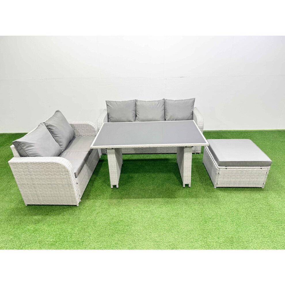 Fimous Garden Furniture Set Pe Ratten Garden Sofa Set With Rectangular Dining Table Big Stool Light Grey