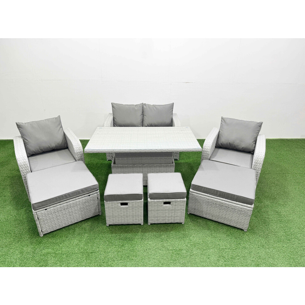 Fimous 8 Pcs Rising Dining Table Set Reclining Chair Inclining Love Sofa Seat 2 Big Footstool 2 Small Stool Light Grey