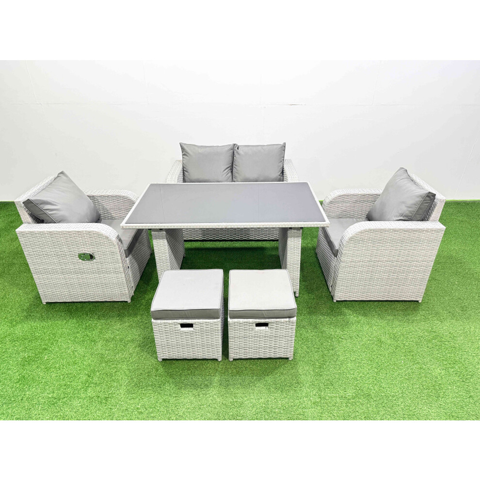 Rackhams Outdoor Rattan Garden Furniture Dining Set 6 Seater Patio Rectangular Table Love Sofa Reclining Chair Set With 2 Small Stools - Image 2