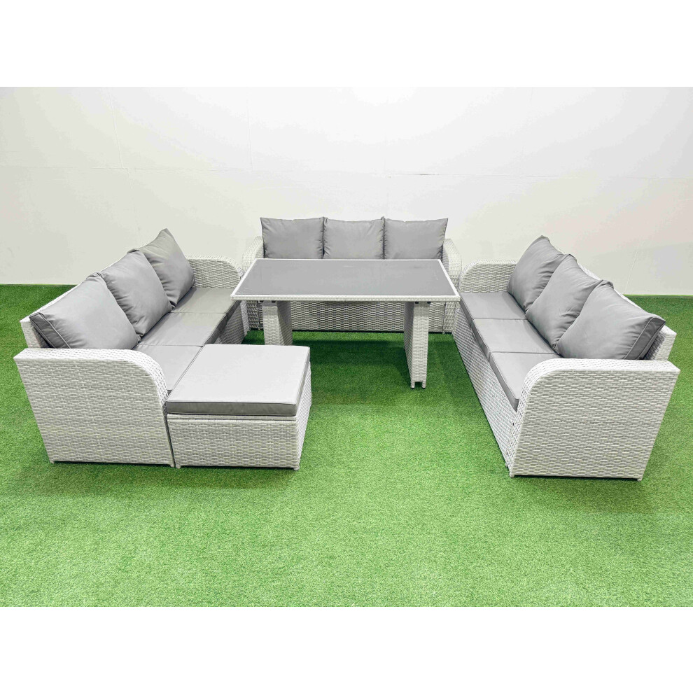 Fimous Patio Garden Furniture Sets With Black Glass Top Dining Table 3 Seater Sofa Big Stool Light Grey