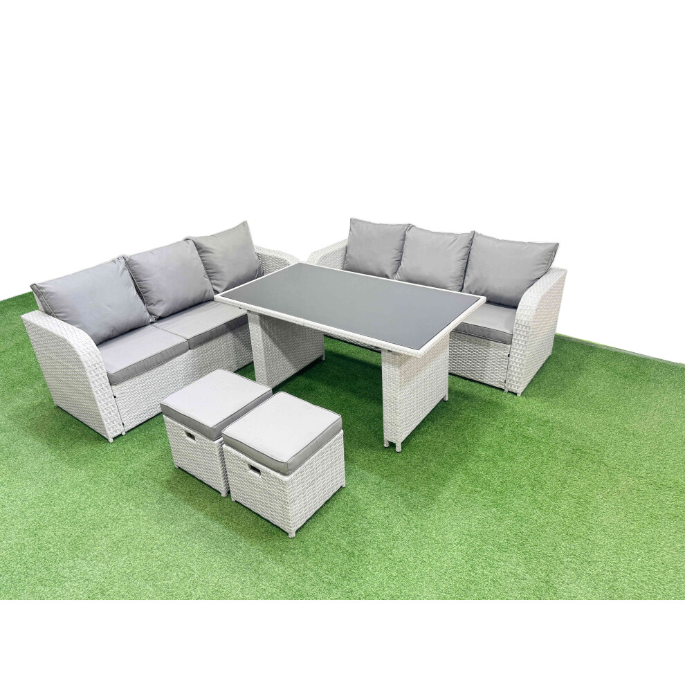 Fimous Light/Grey 8 Seater Rattan Outdoor Dining Table 3 Seater Sofa Set With 2 Small Stools - Image 2