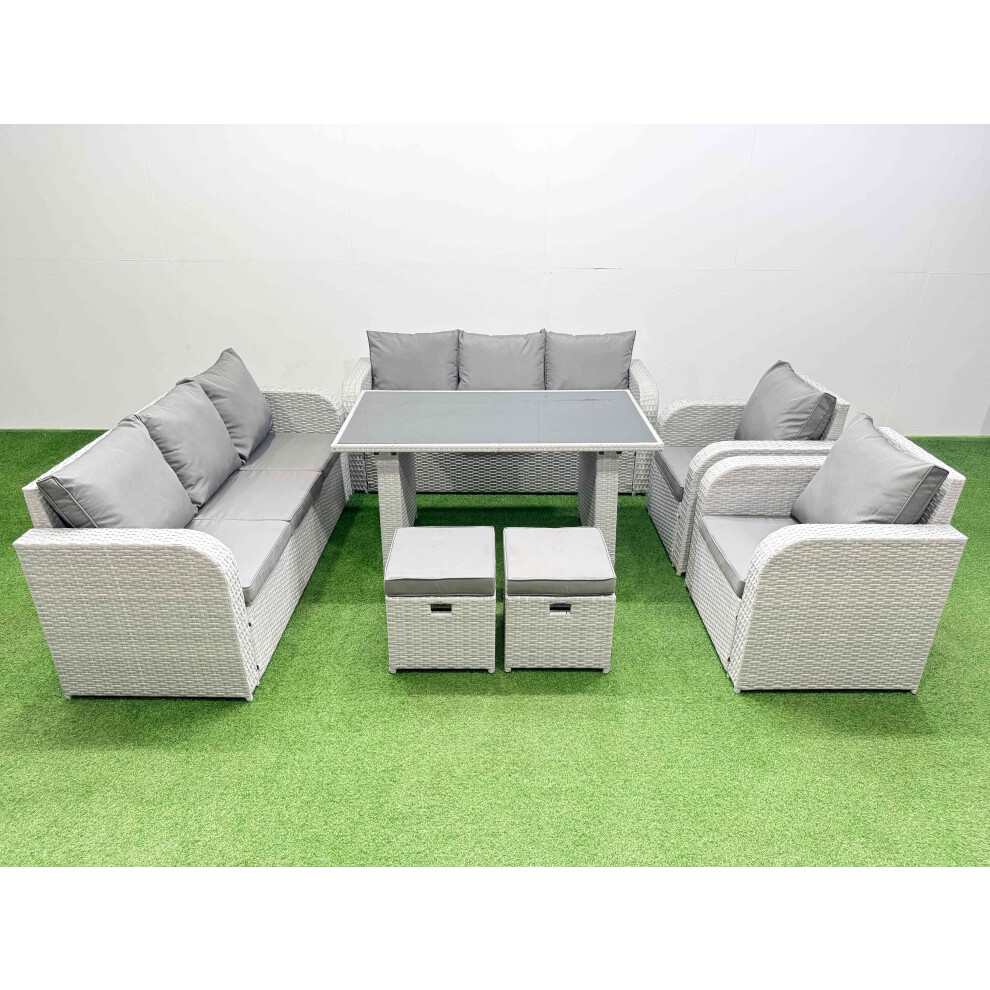 Rackhams Light/Grey 10 Seater Wicker Pe Rattan Furniture Outdoor Dining Table 3 Seater Sofa Reclining Chair Set With 2 Small Stools - Image 2