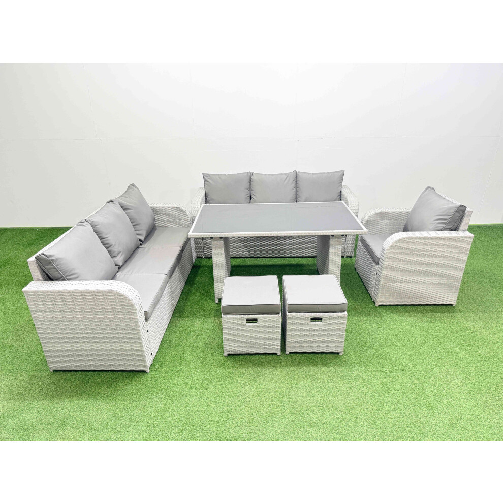 Fimous Rattan Garden Furniture Dining Set 9-seater Patio Rectangular Table Sofa Set with 2 Small Stools Light Grey
