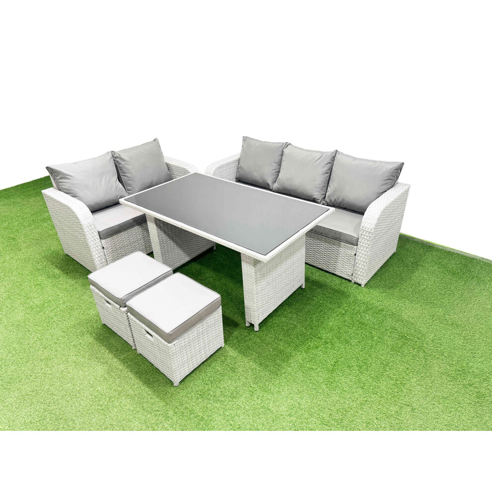 Fimous Garden Furniture Set PE Ratten Garden Sofa Set with Rectangular Dining Table 2 Small Stools Light Grey
