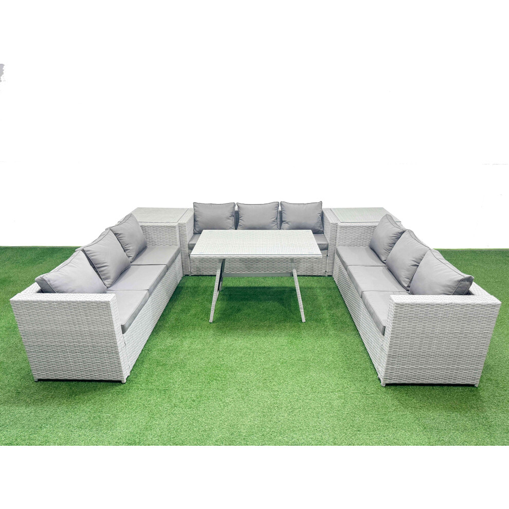 Fimous 9 Seat Outdoor Patio PE Rattan Garden Furniture with Cushions 3 Seater Sofa 2 Side Tables Light Grey