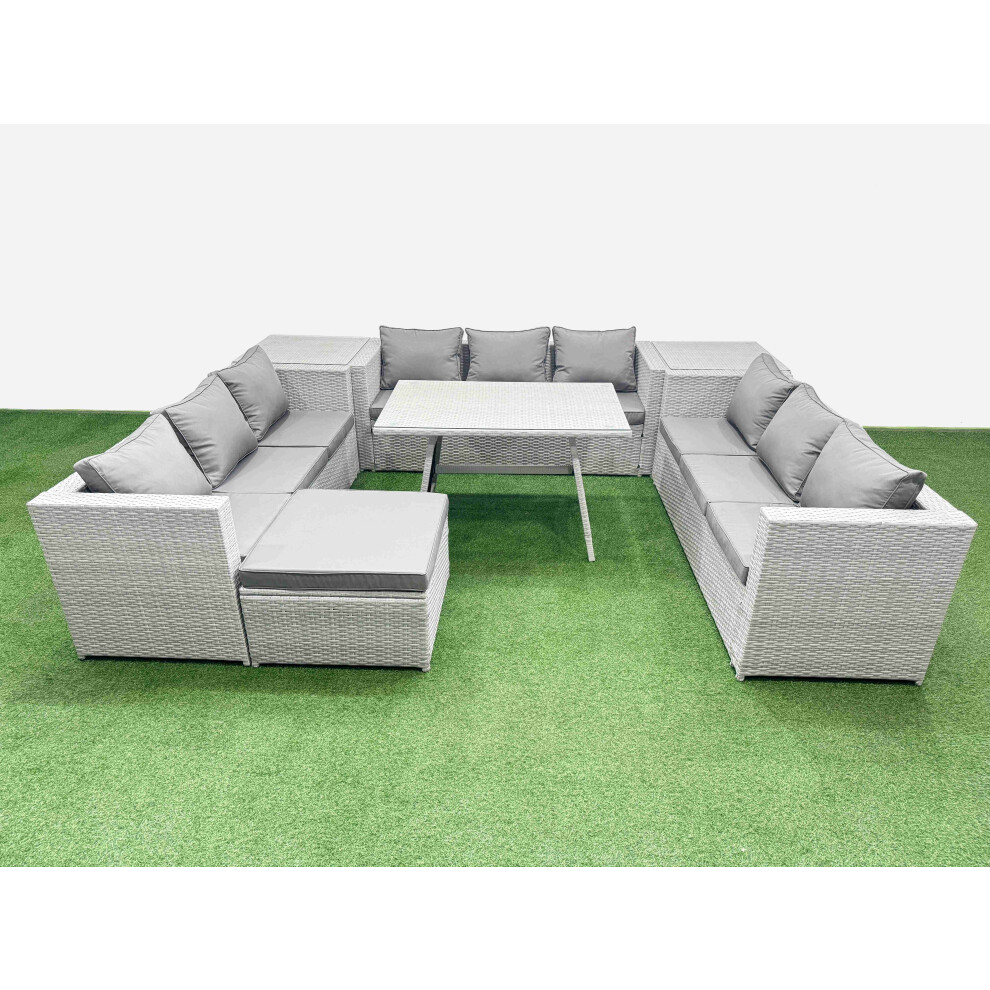 Fimous 10 Seat Outdoor Patio PE Rattan Garden Furniture with Cushions 3 Seater Sofa 2 Side Tables Big Stool Light Grey