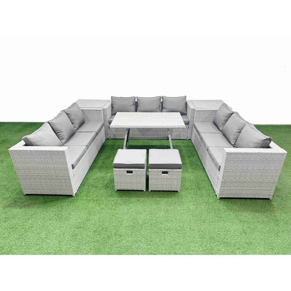 Fimous 11 Seat Outdoor Patio PE Rattan Garden Furniture with Cushions 3 Seater Sofa 2 Side Tables 2 Small Stools Light Grey