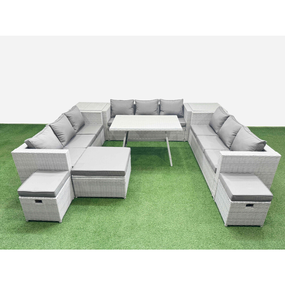 Fimous 12 Seat Outdoor Patio Pe Rattan Garden Furniture With Cushions 3 Seater Sofa 2 Side Tables 3 Stool Light Grey