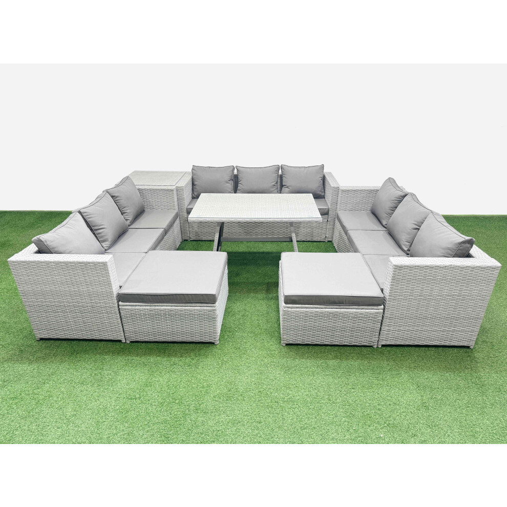 Fimous 11 Seat Outdoor Patio PE Rattan Garden Furniture with Cushions 3 Seater Sofa Side Table 2 Big Stools Light Grey