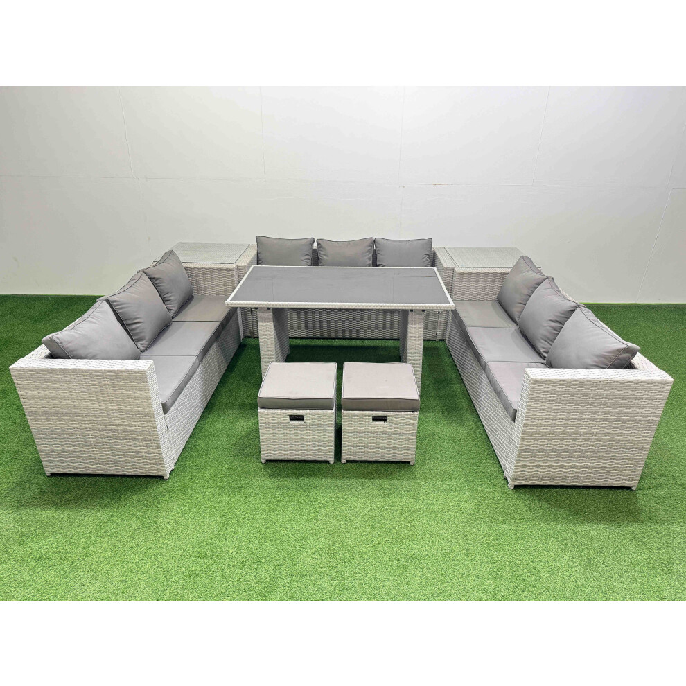 Fimous Patio Outdoor Garden Furniture Sets with Black Glass Top Dining Table 3 Seater Sofa 2 Side Tables 2 Small Stool Light Grey