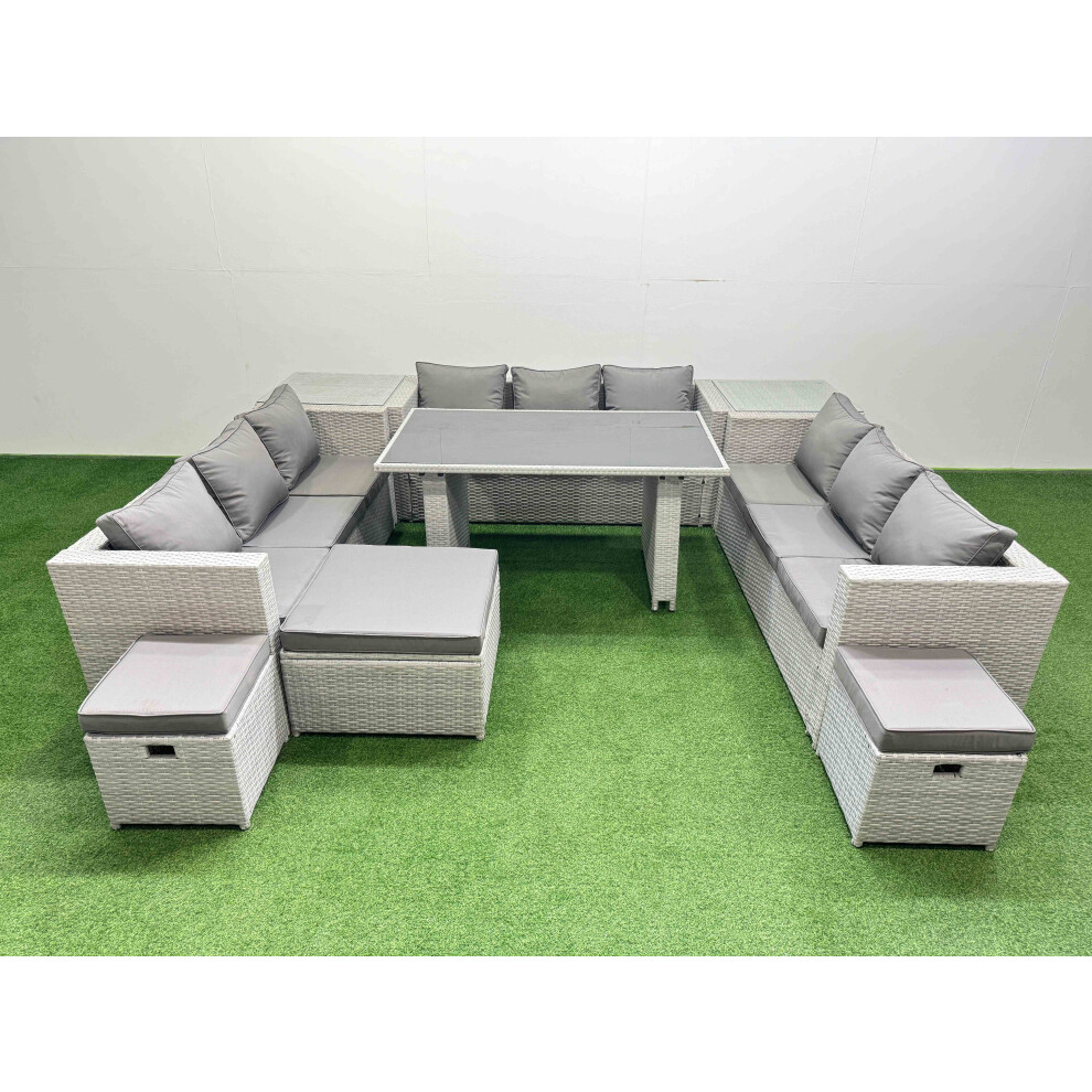 Fimous Black/Light/Grey Patio Outdoor Garden Furniture Sets With Glass Top Dining Table 3 Seater Sofa 2 Side Tables 3 Stool - Image 2