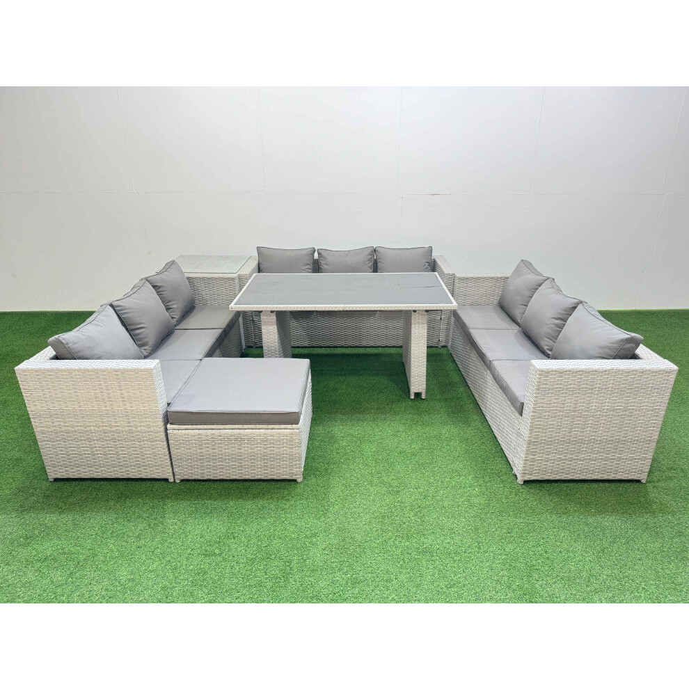 Fimous Patio Outdoor Garden Furniture Sets With Black Glass Top Dining Table 3 Seater Sofa Side Table Big Stool Light Grey