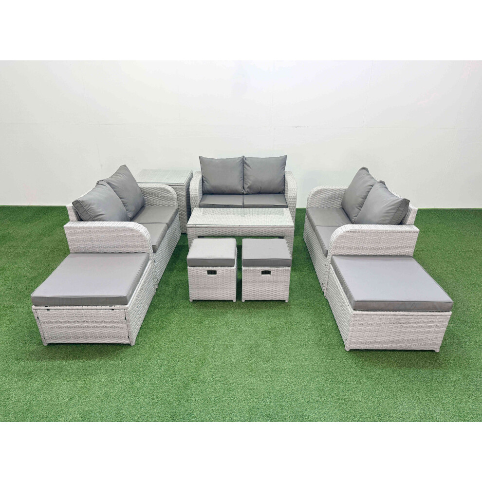 Fimous PE Wicker Rattan Furniture Sofa Sets with Oblong Coffee Table Love Sofa 4 Stools Side Table Light Grey Mixed