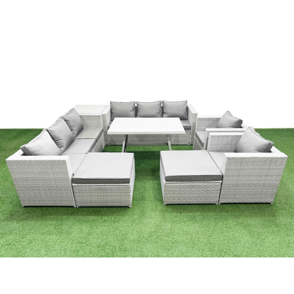 Fimous 10 Seater Garden Furniture Set PE Ratten Garden Sofa Set with Rectangular Dining Table 2 Big Stool Side Table Light Grey